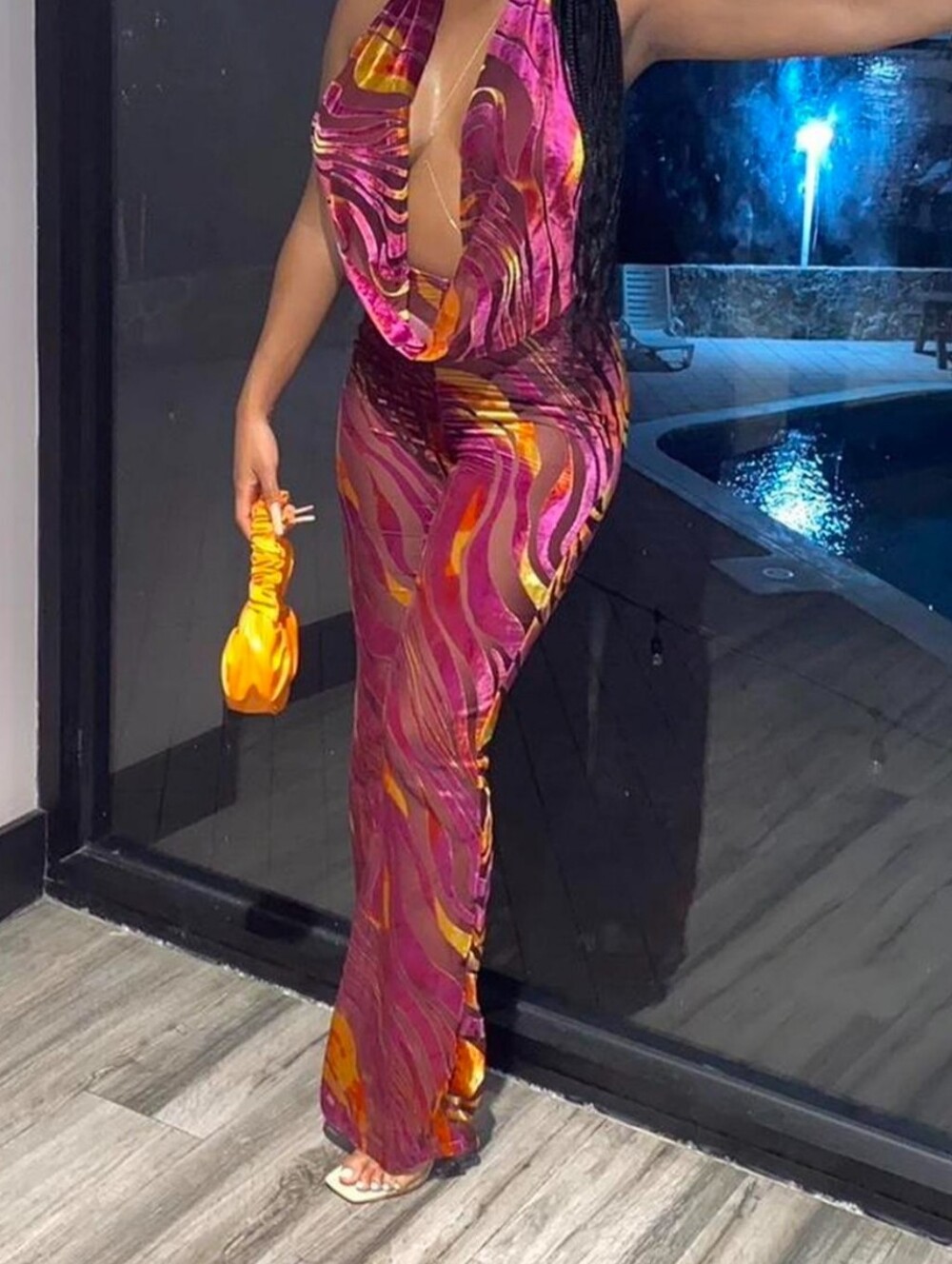Extreme Cowlneck Nwt Halter Jumpsuit Pink/Orange Swirl Sheer Ptp 22"+